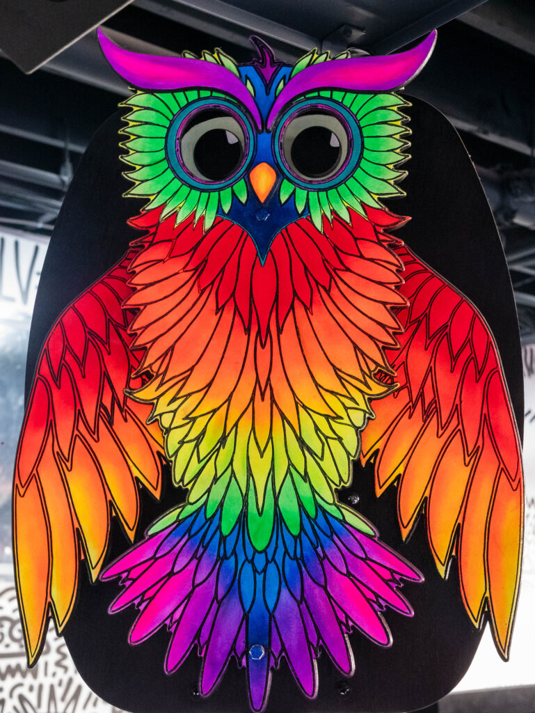 The multicolored owl installation at Audio Bar