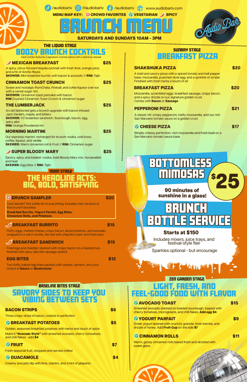 Original Audio Bar brunch menu with food, cocktails, and prices; current brunch schedule is Sunday from 11 AM